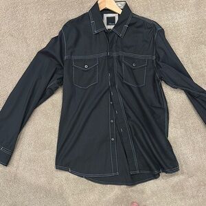 Black Button-Up Shirt with White Stitching